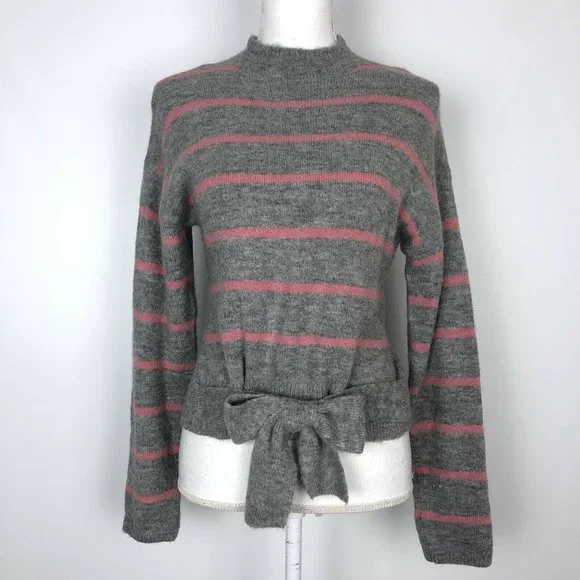 NWT WAYF Mock Neck Tie Waist Wool Blend Sweater Gray Pink Stripe Stretch - Picture 1 of 5